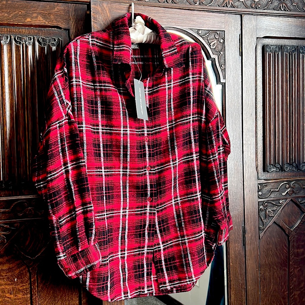 French connection, black and red plaid button up xs